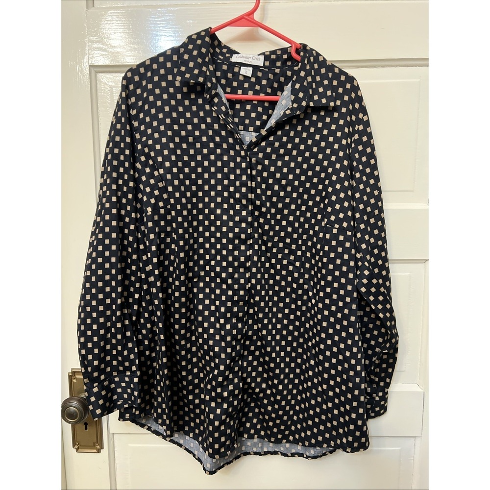 Coldwater Creek NO IRON Womens Long Sleeve Shirt Black Gold Squares XL (18)